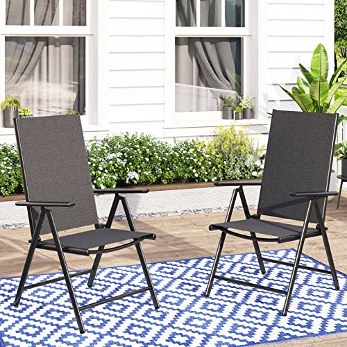 Mfstudio 2 Pcs Folding Chairs With Arms,Portable Patio Dining Chairs With 7 Levels Adjustable For Outdoor & Indoor, Sling Back Chairs (Black) #TOP18