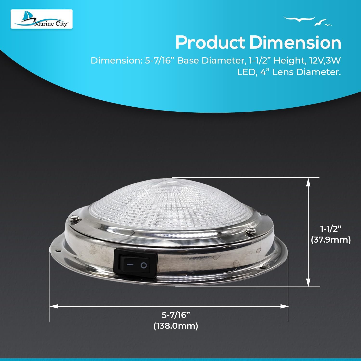 MARINE CITY 304 Stainless Steel LED Dome Light - Long-lasting Battery Life, 4 Inches, 12V, 3W, Ideal for Interior Roof/Ceiling Illumination in RVs, Boats, Yachts (Pack of 2)