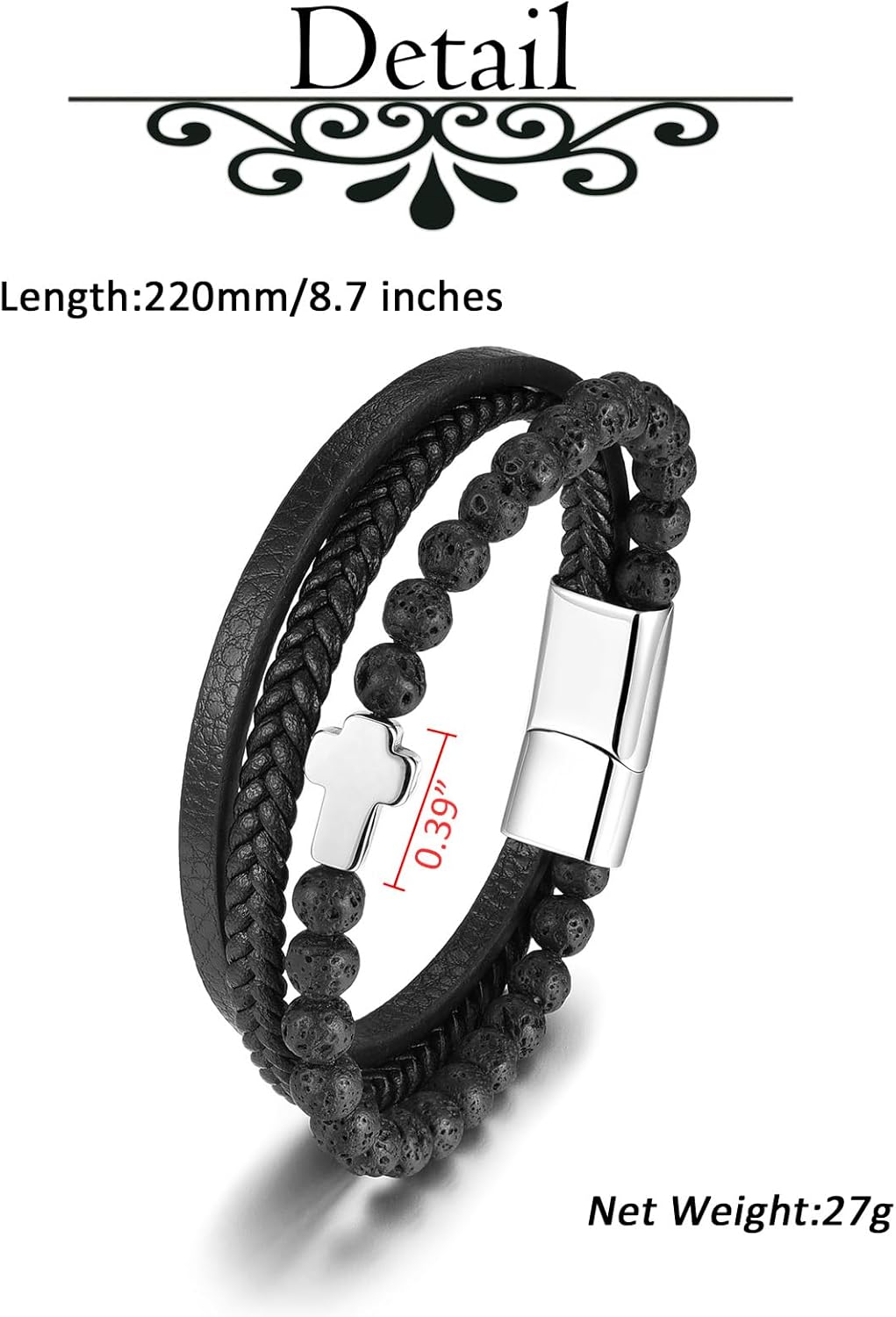 Zysta Cross Bracelet for Men Multi-Layer Cross Leather Bracelet Lava Rock Stone Black Agate Braided Leather Bracelet with Stainless Steel Clasp Mens Inspirational Bracelets Cuff Wristband 8.7 Inch - Image 5