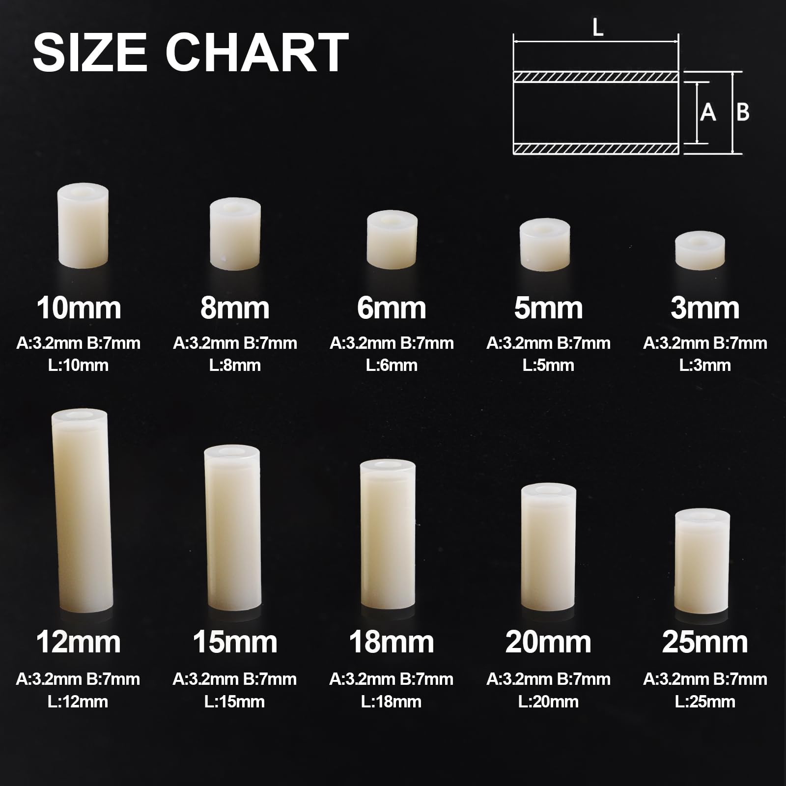 Exqutoo White ABS Round Washers ID 3.2mm, OD 7mm, 3mm 5mm 6mm 8mm 10mm 12mm 15mm 18mm 20mm 25mm Length, Assortment Kit, Non-Threaded, Suitable for M3 Screws Hardware Spacer Bracket