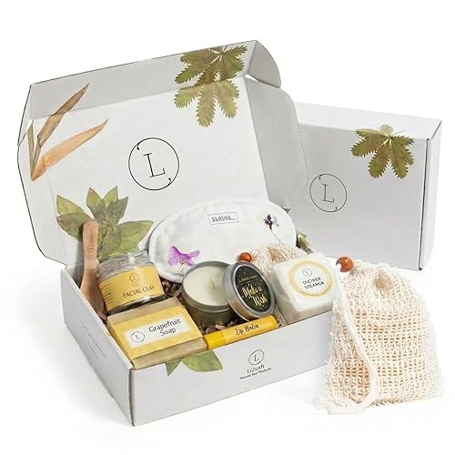Lizush Regalos de spa de lujo para mujer, juego de regalo de spa cítrico de 7 piezas con vela, cestas de regalo para mujeres, juego de cuidado