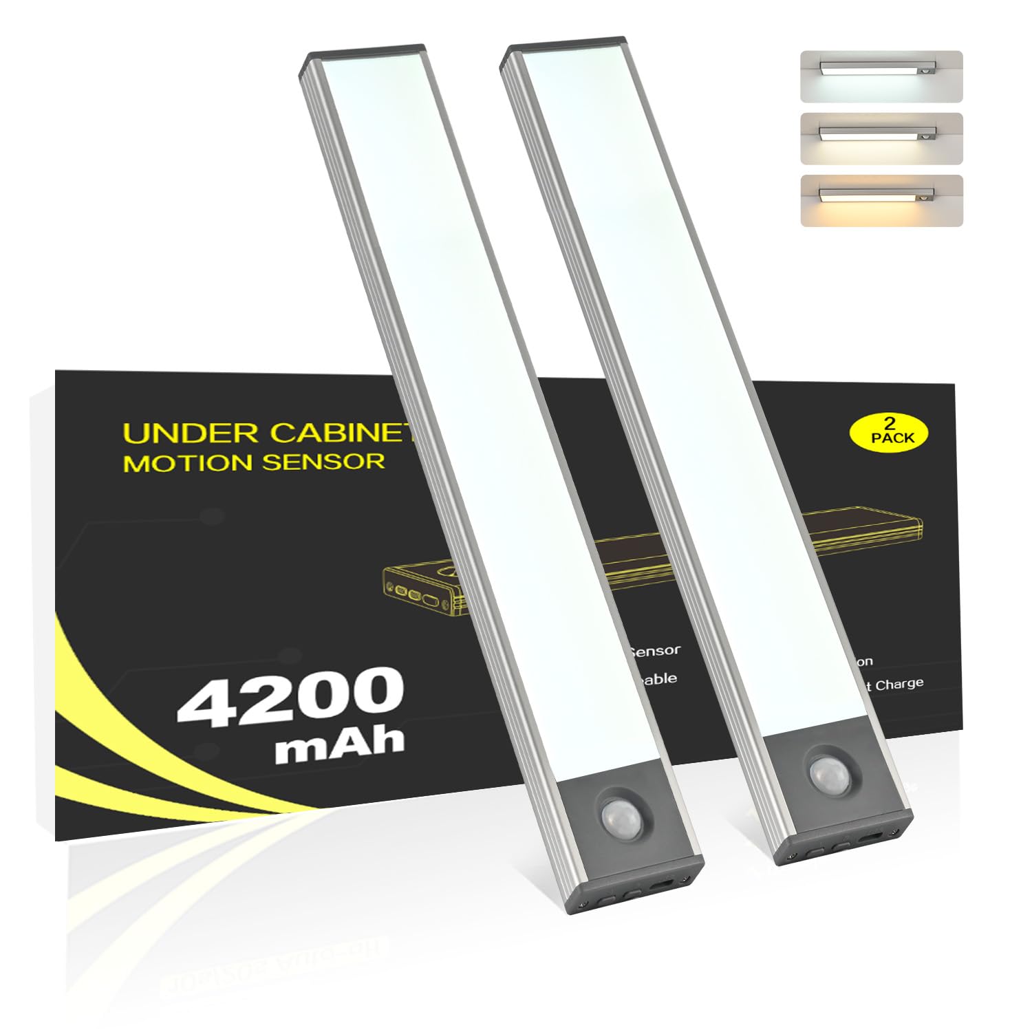 Unterschrankbeleuchtung, 4200 mAh Bewegungsmelder-Licht für den Innenbereich, 240 lm, wiederaufladbar, batteriebetriebene Schrankleuchte, magnetische Unterbauleuchten für Küche, Treppe (3