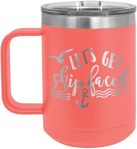 ONLYGIFTS.COM - Taza de café con tapa deslizante (13.0 fl oz), diseño con texto "LETS GET SHIPFACED", Coral