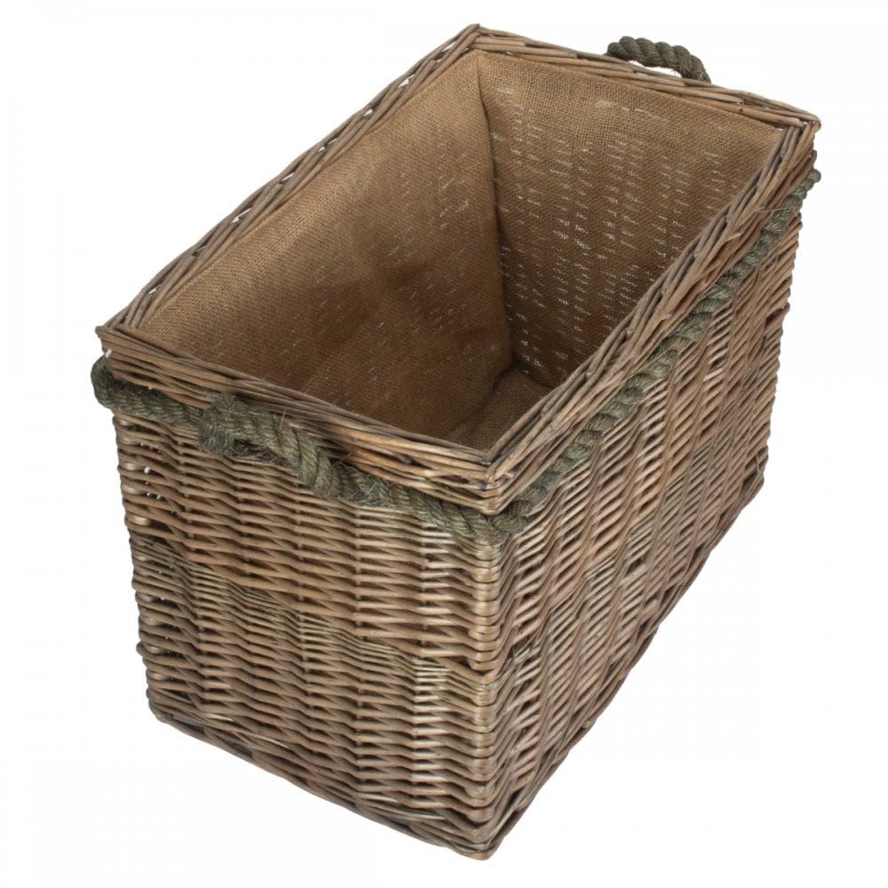 Panier à Bûches bois Rectangulaire En Canne Saule Doublure Toile Jute Finition Ancienne
