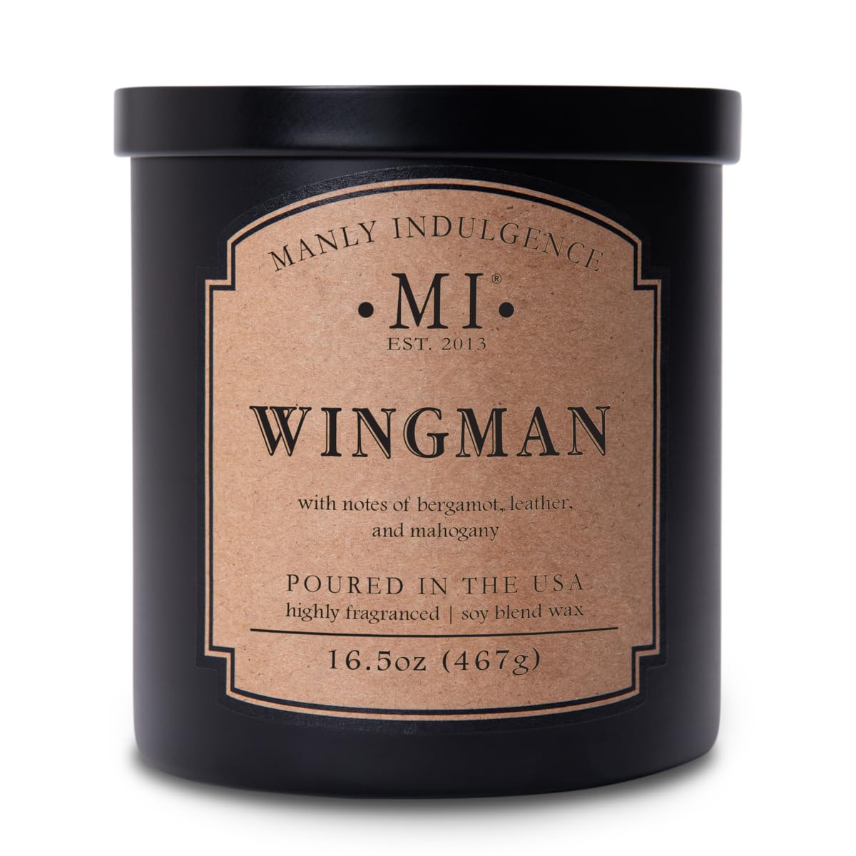 Manly Indulgence Wingman Świeca zapachowa dla mężczyzn, 477 g, 2 knoty i 2 x intensywny zapach, bergamotka, skóra i mahoń, palenie do 60 godzin, wosk z mieszanki soi, USA Poured - Classic+ Collection