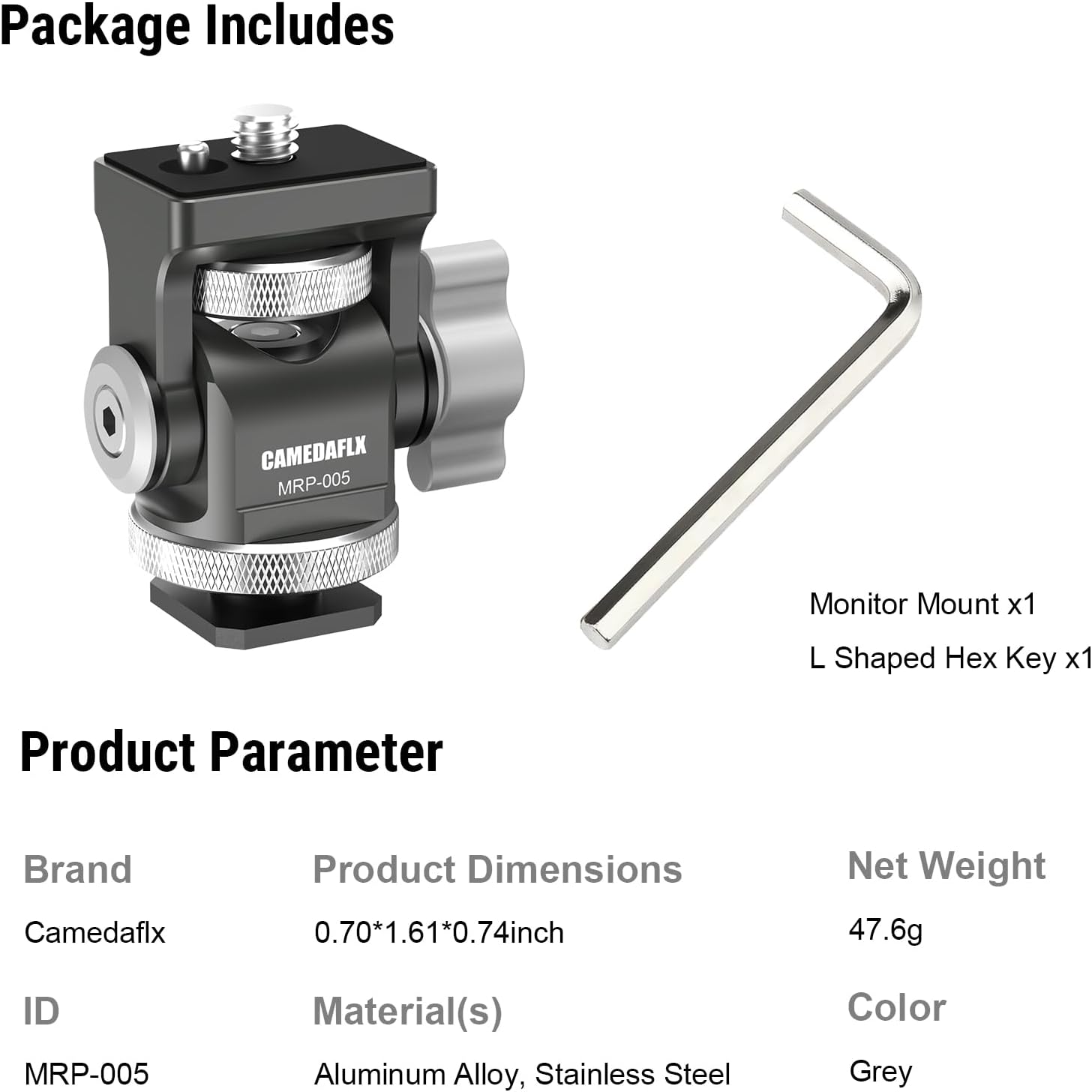 傾斜調整カメラモニターマウント、5インチと7インチのモニター用コールドシューマウント付きスイベルフィールドモニターホルダー (グレー
