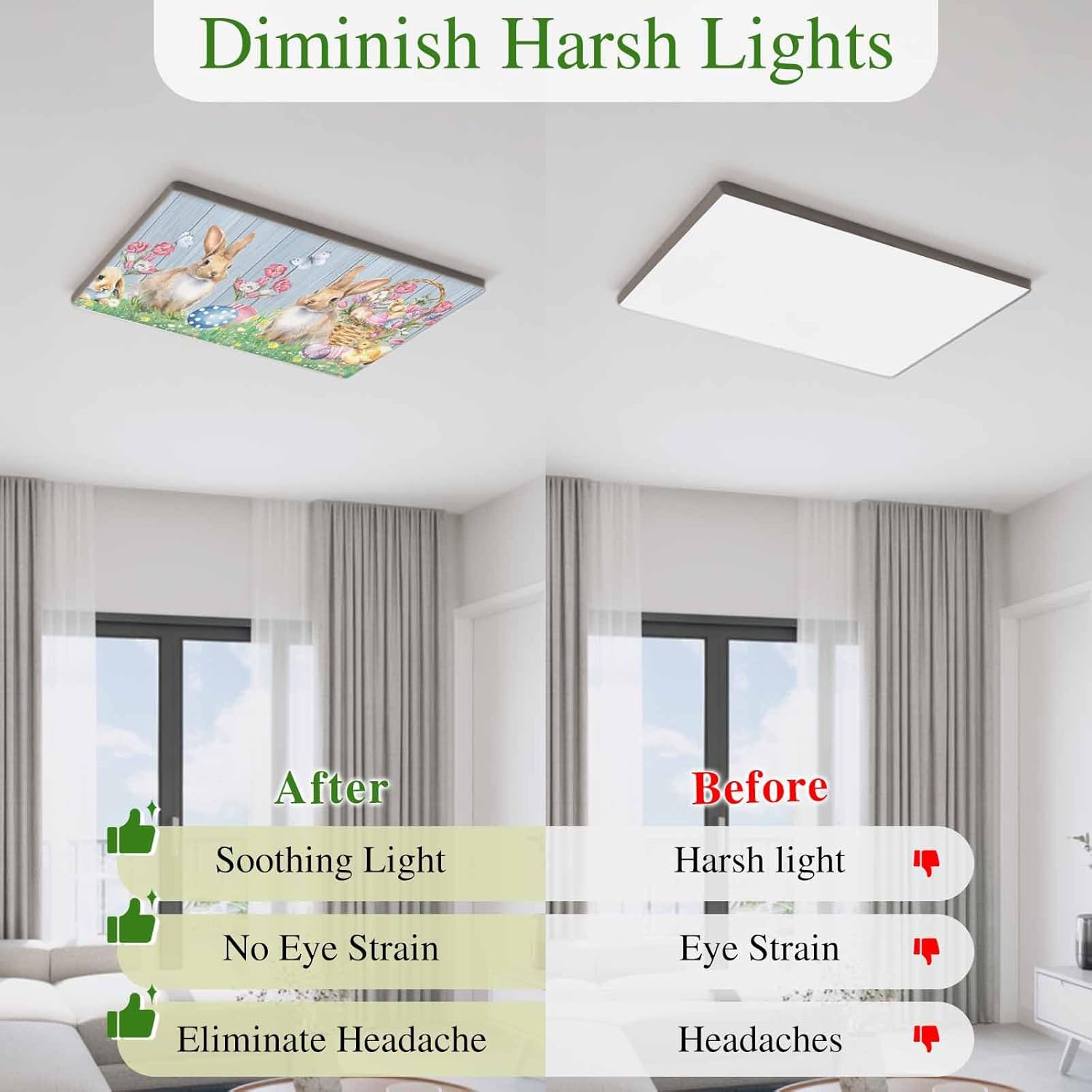 2x4 ft Fluorescent Light Cover for Ceiling Happy Easter Bunny Egg with Basket Magnetic Light Filters, Flower on Farm Blue Wood Grain Ceiling Lampshades for Home School Office 4Pcs
