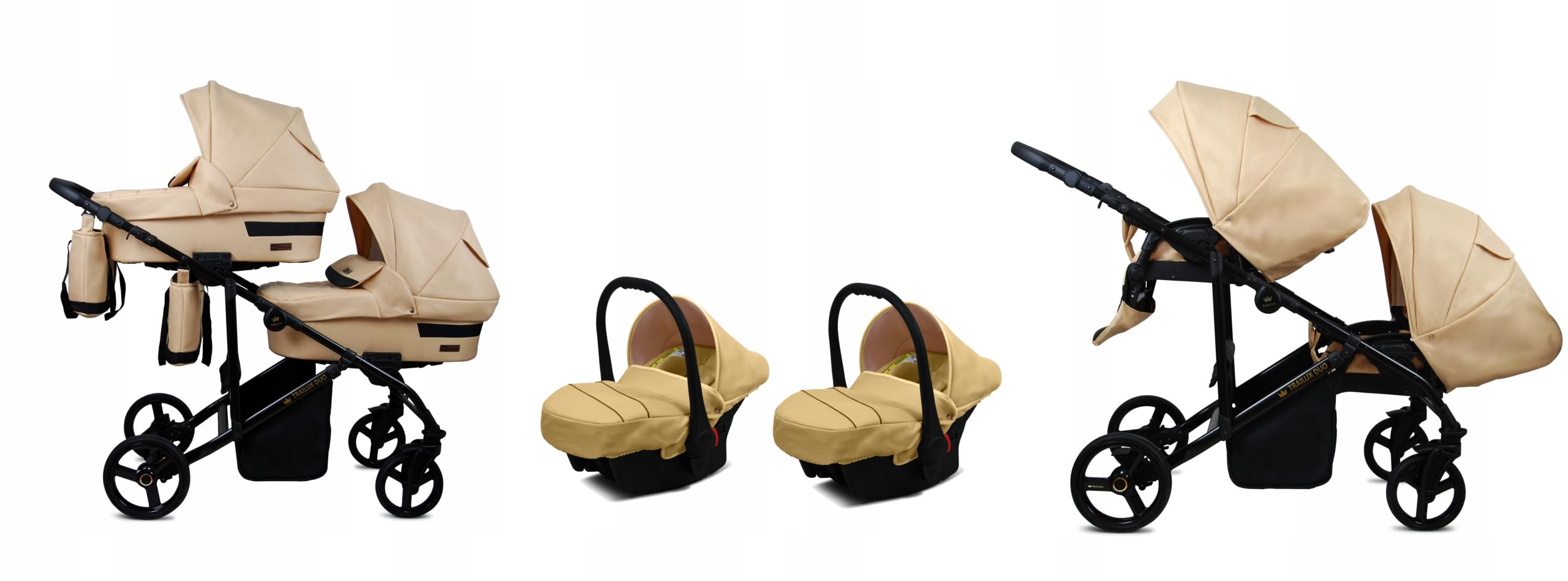 BabyLux® Bambini Passeggino per gemelli Completo Set 3 in 1 - Duo | Beige - incl. Navicella, Canna, Seggiolino Auto - Carrozzina Neonati Sistema Combinato - con Borsa fasciatoio, Copertura antipioggia