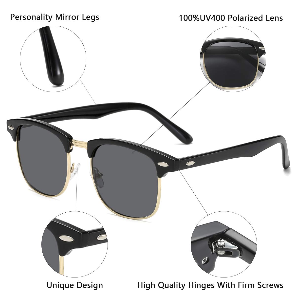 Gafas de sol retro semi sin montura con medio marco UV400 para hombres y mujeres, Negro - 2