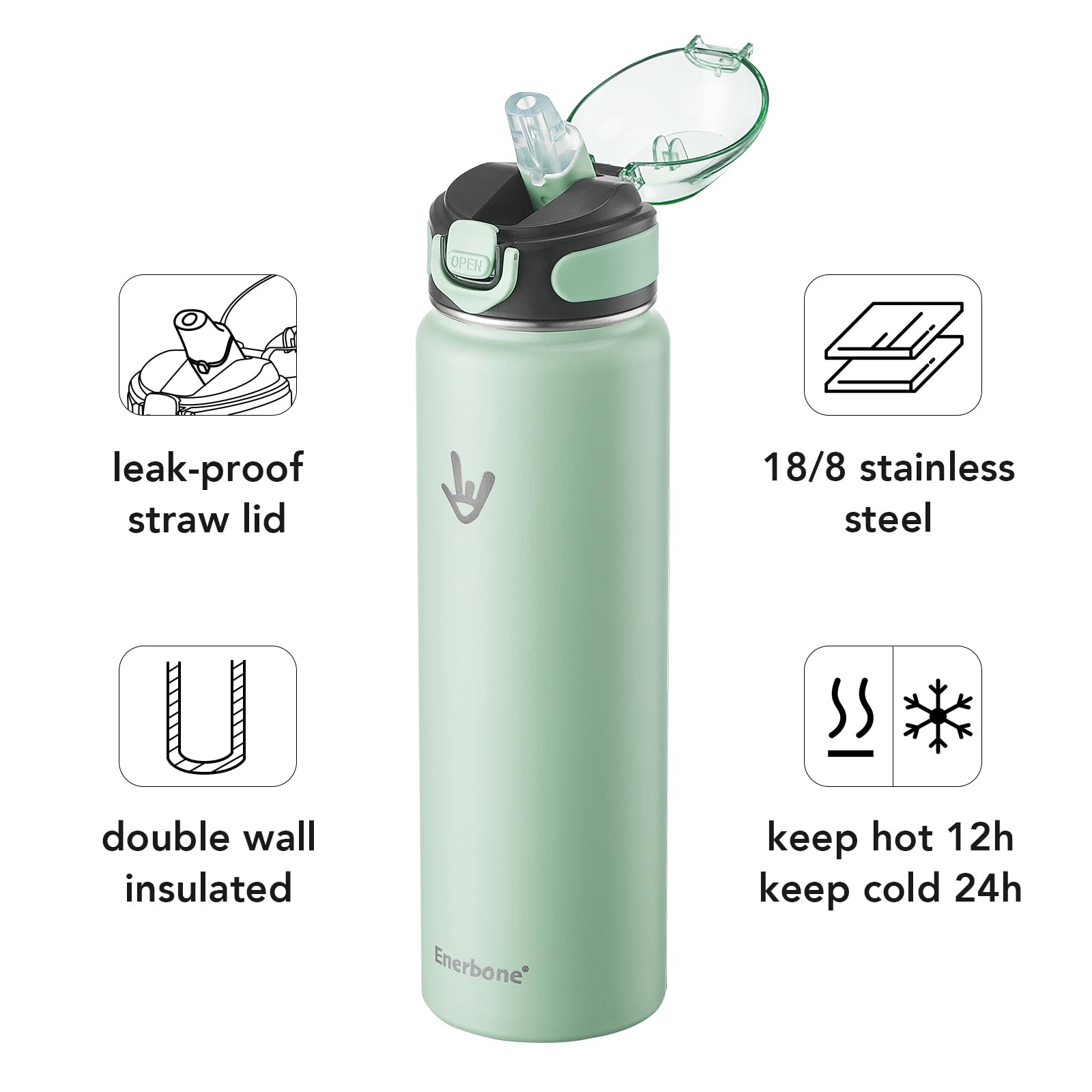 Enerbone Botella de agua aislada de 32 onzas, botella de acero inoxidable con correa de transporte, termo de aislamiento al vacío de doble pared, botella deportiva a prueba de fugas con popote