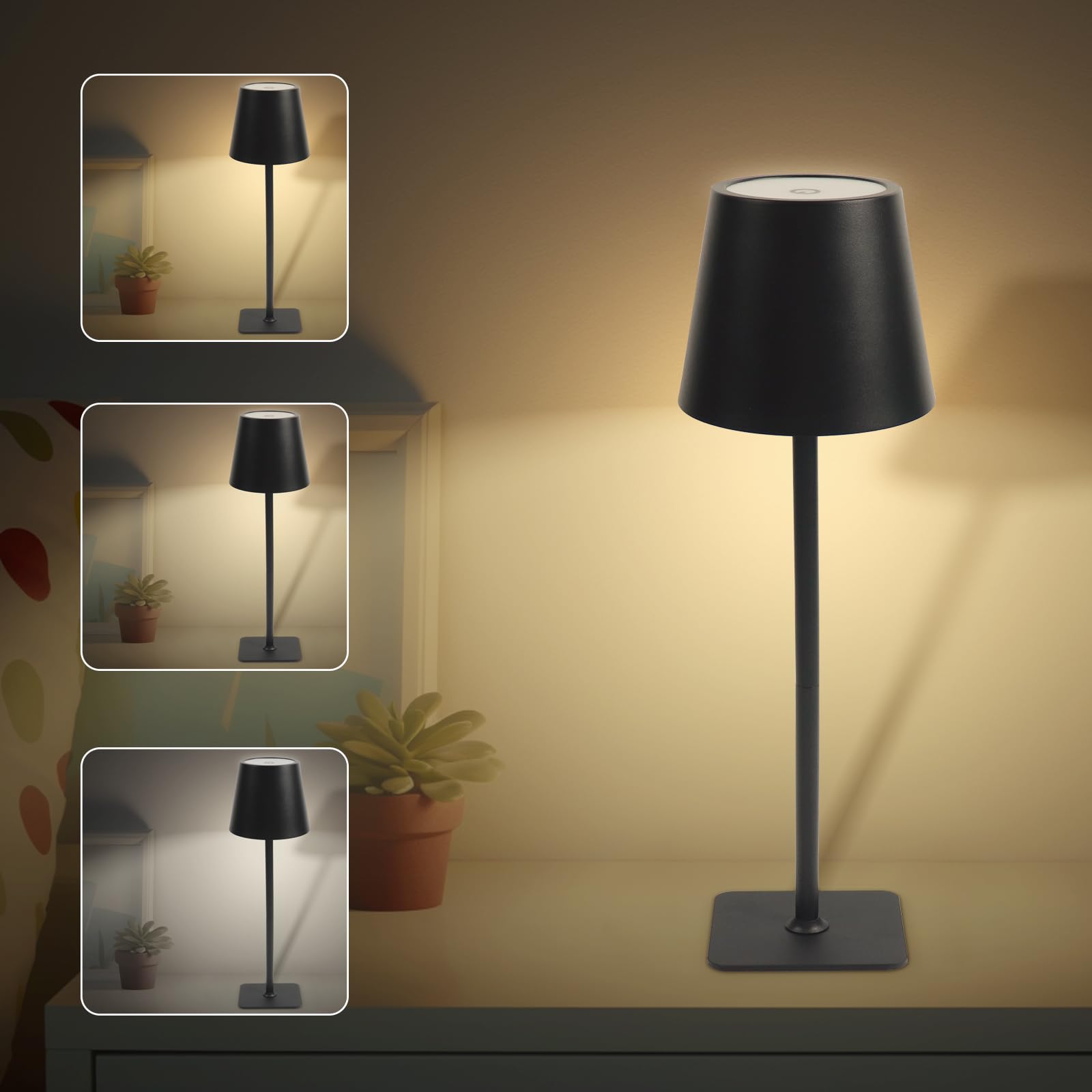 EXTRASTAR Rechargeable Table Lamp, Cordless Lamp 3 Color Dimmable, Metal Touch Bedside Lamp for Living Room Bedroom Office Study-Black