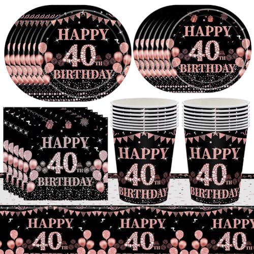 Set da tavola per 40° compleanno, 69pcs Stoviglie per Feste di Compleanno, Carta, Bicchieri, Asciugamani , Tovaglie, Stoviglie in Oro Rosa nero Forniture per Feste -16 ospiti