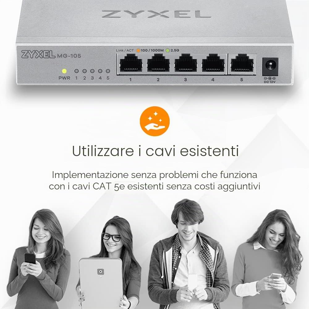 Zyxel Switch Unmanaged Multi-Gigabit 2,5G a 5 porte per Home entertainement / rete SOHO [MG-105]