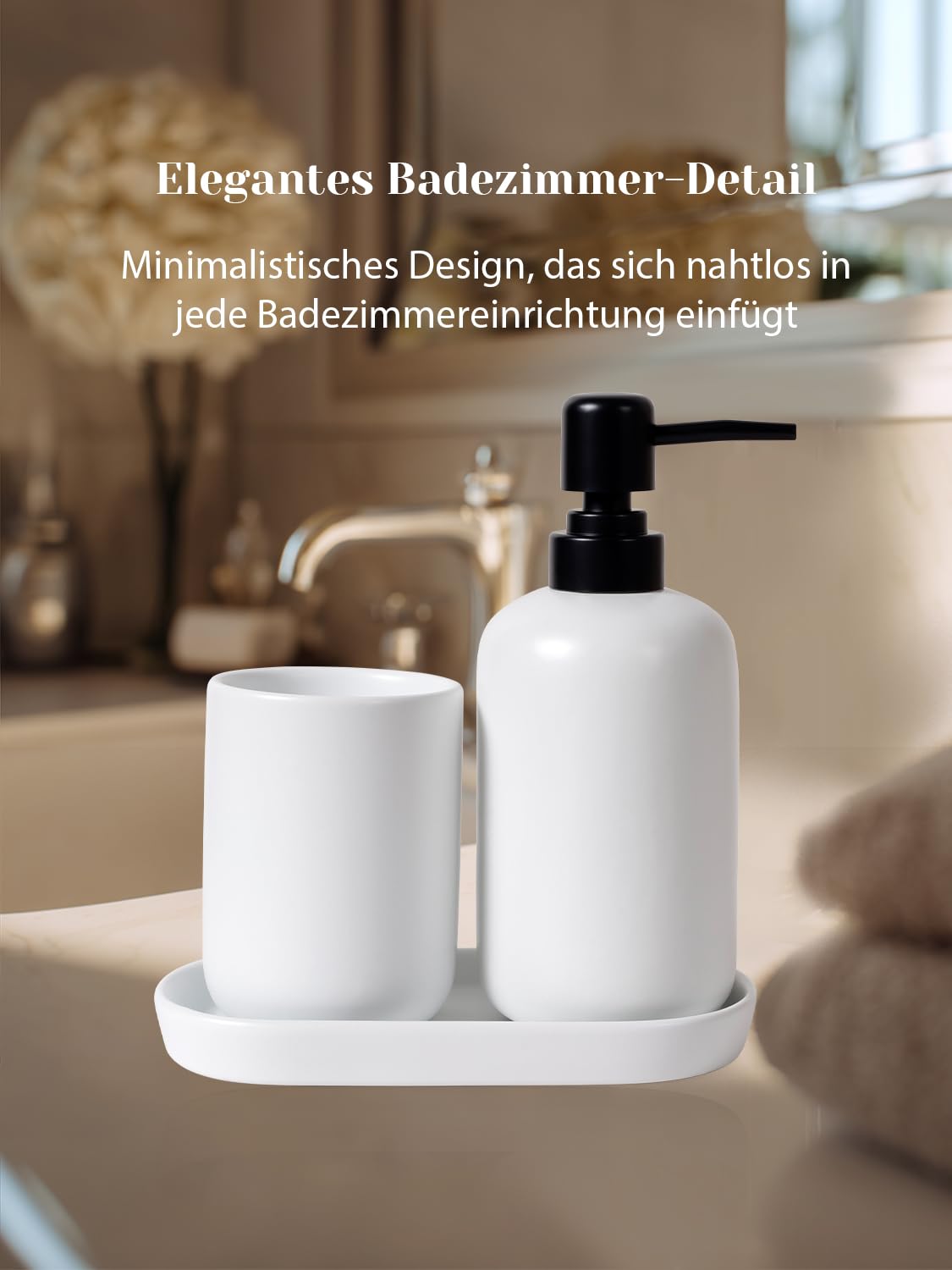 Zestaw łazienkowy biały – 3-częściowy ceramiczny zestaw akcesoriów łazienkowych z wąskim dozownikiem mydła, kubkiem na szczoteczkę do zębów i półką, praktyczny zestaw łazienkowy do toalety