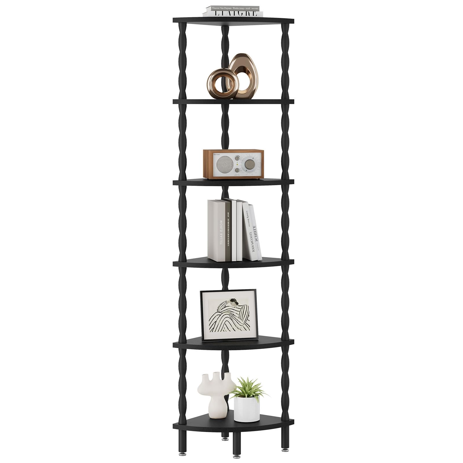 IBUYKE 6-Tier Corner Shelf,Stylish Corner Bookshelf for Small Spaces,Industrial Corner Storage Display Shelves,Small Corner Table for Bedroom,Bathroom,Kitchen, Black WBC021B