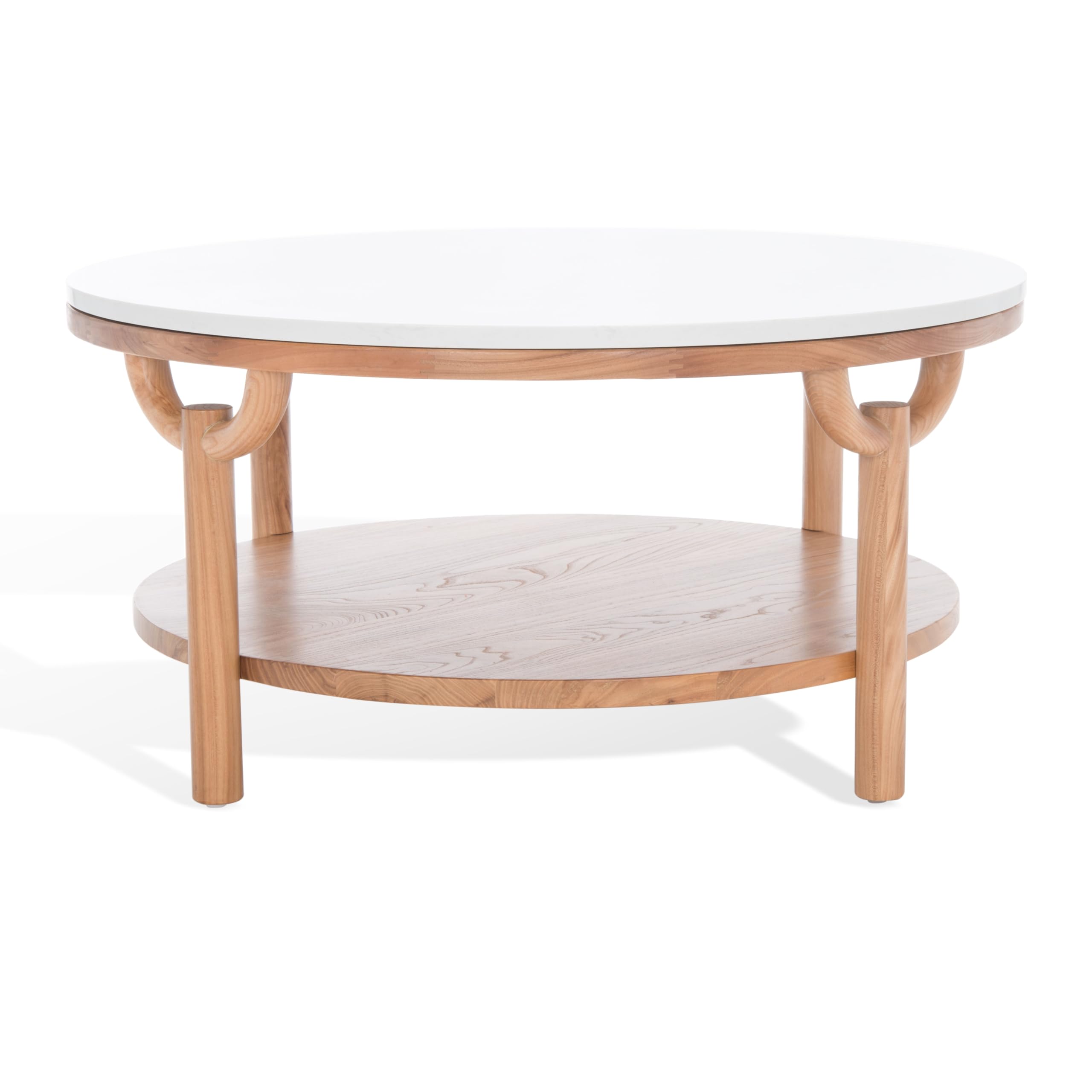 SAFAVIEH Couture Collection Puck Natural Solid Wood White Marble Top Round Coffee Table