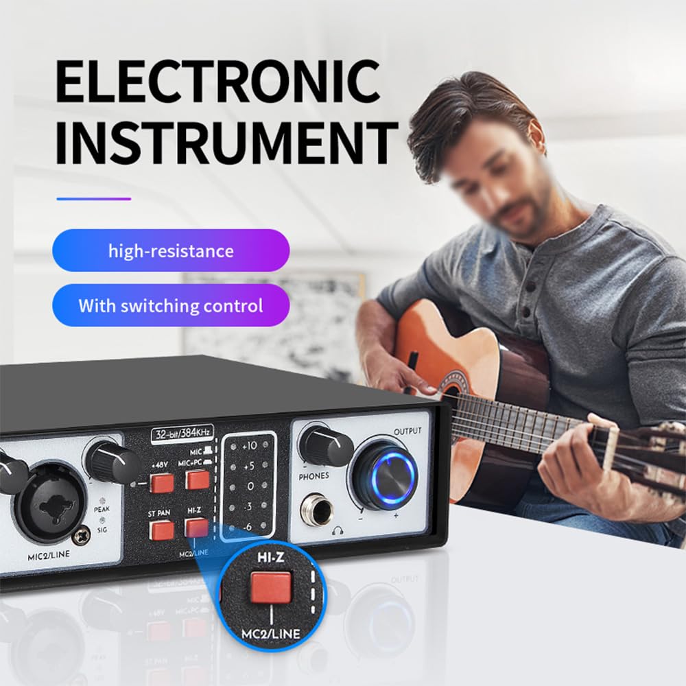 Btuty Interfaz de audio de 4 canales Tarjeta de sonido de grabación con controlador Interfaz de audio gratuita Tarjeta de sonido USB 2 entradas y 2 salidas Alimentación fantasma 24 bit/192 kHz 48 V