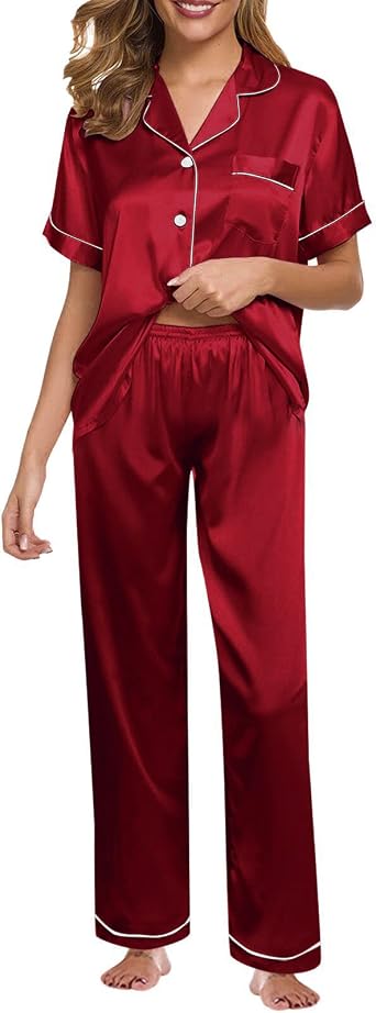Pyjama En Satin Soyeux Finvizo Pour Femme - 2 Pièces, Manches Courtes, Boutonnage - Polyester Doux Deux Pièces Manches Courtes Pyjama En Satin Soyeux Finvizo Pour Femme - 2 Pièces, Manches Courtes, Boutonnage - Polyester Doux Deux Pièces Manches Courtes