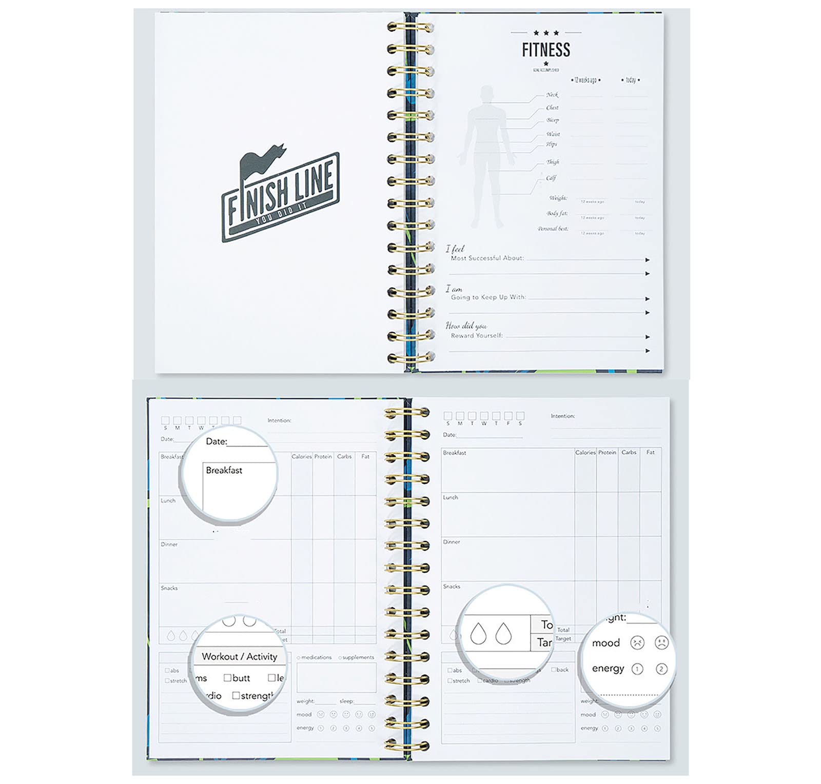 Pianificatore di Fitness Quaderno a Spirale Cibo per Esercizi a Righe Diario per Regalo Sportivo Body Manager Programma di Fitness di 12 Settimane,Black,A5(210 * 148mm)
