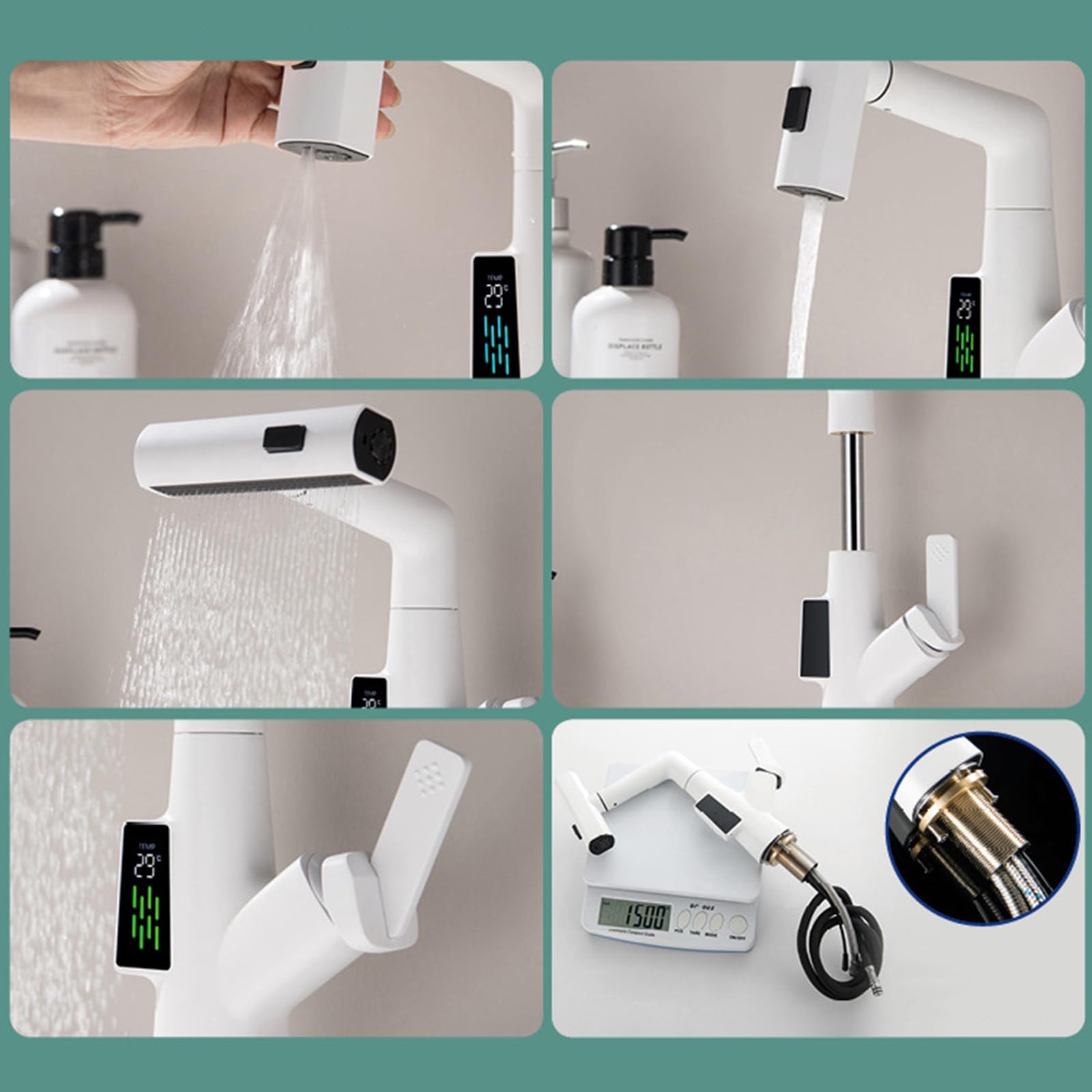 ISCBAFYX Bateria umywalkowa Baterie do zlewów łazienkowych Bateria umywalkowa z wyciąganą wylewką Obrotowa o 360° z cyfrowym wyświetlaczem Pojedynczy uchwyt, Gun Grey Bateria zlewozmywakowa