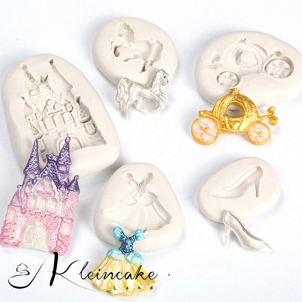 5Pcs/Set Cinderella Fondant Mold Fairy Tales Castle Pumpkin Carriage Princess Dress Crystal Shoes Silicone Chocolate Candy Mold Gum Paste Sugar Craft Cake Cupcake Decorating Tool Resin Clay Mould - Image 3