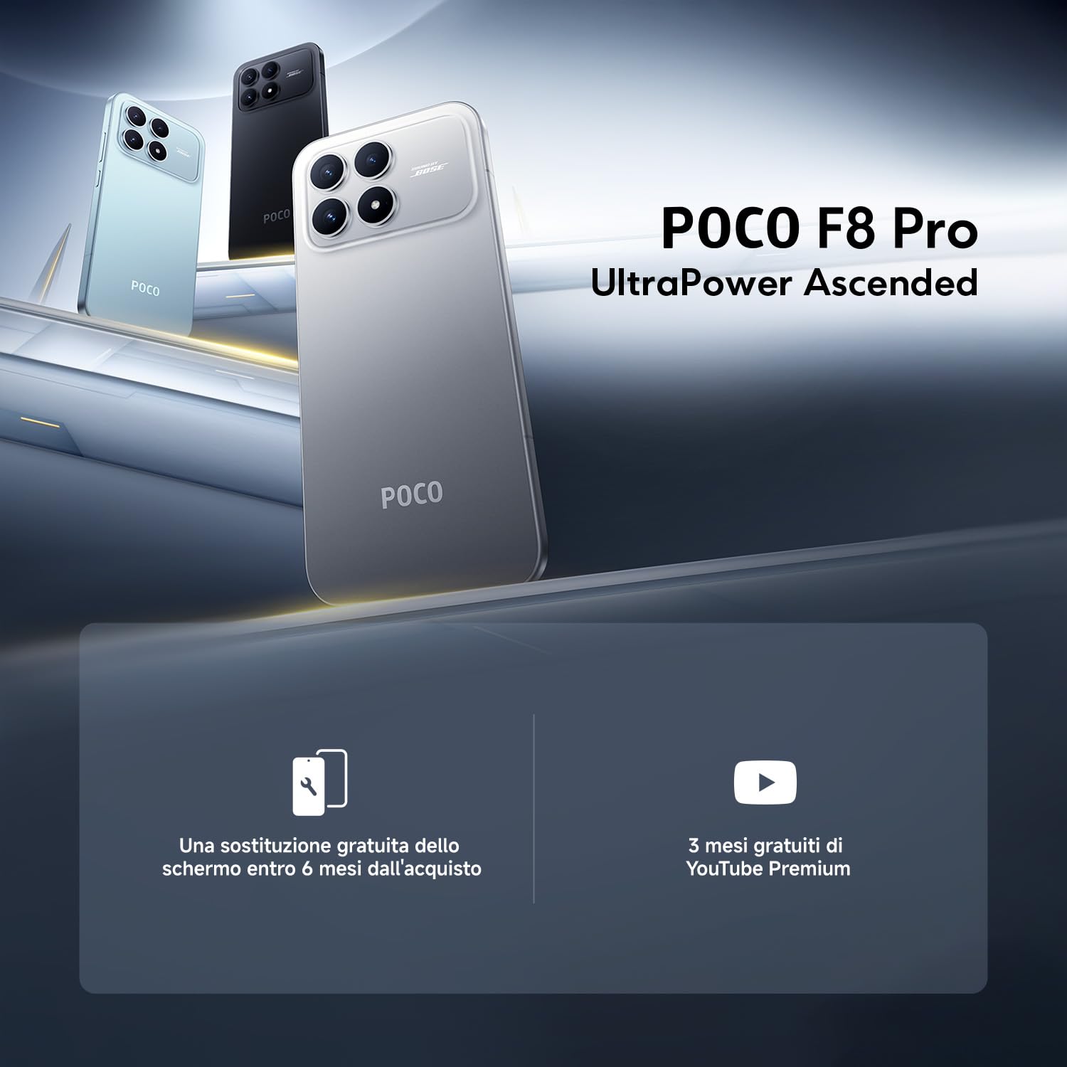 XIAOMI POCO F8 Pro, Smartphone 12+512 GB, Display AMOLED 6,59" 120Hz, Tripla Fotocamera 50MP Teleobiettivo 60mm, Audio Sound by Bose, Batteria 6210mAh, Blu, Garanzia 2 anni, Caricatore escluso