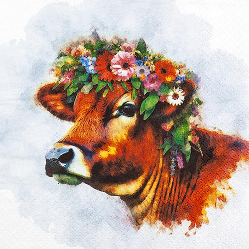 Lot de 20 serviettes en papier avec motif animaux vache avec couronne de fleurs Pour décoration de table Convient également pour découpage et technique de...