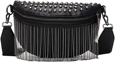 IAMUHI Women Vegan Leather Cross Chest Bag Rivets Fringed Shoulder Handbag Purse Waist Bag,Black