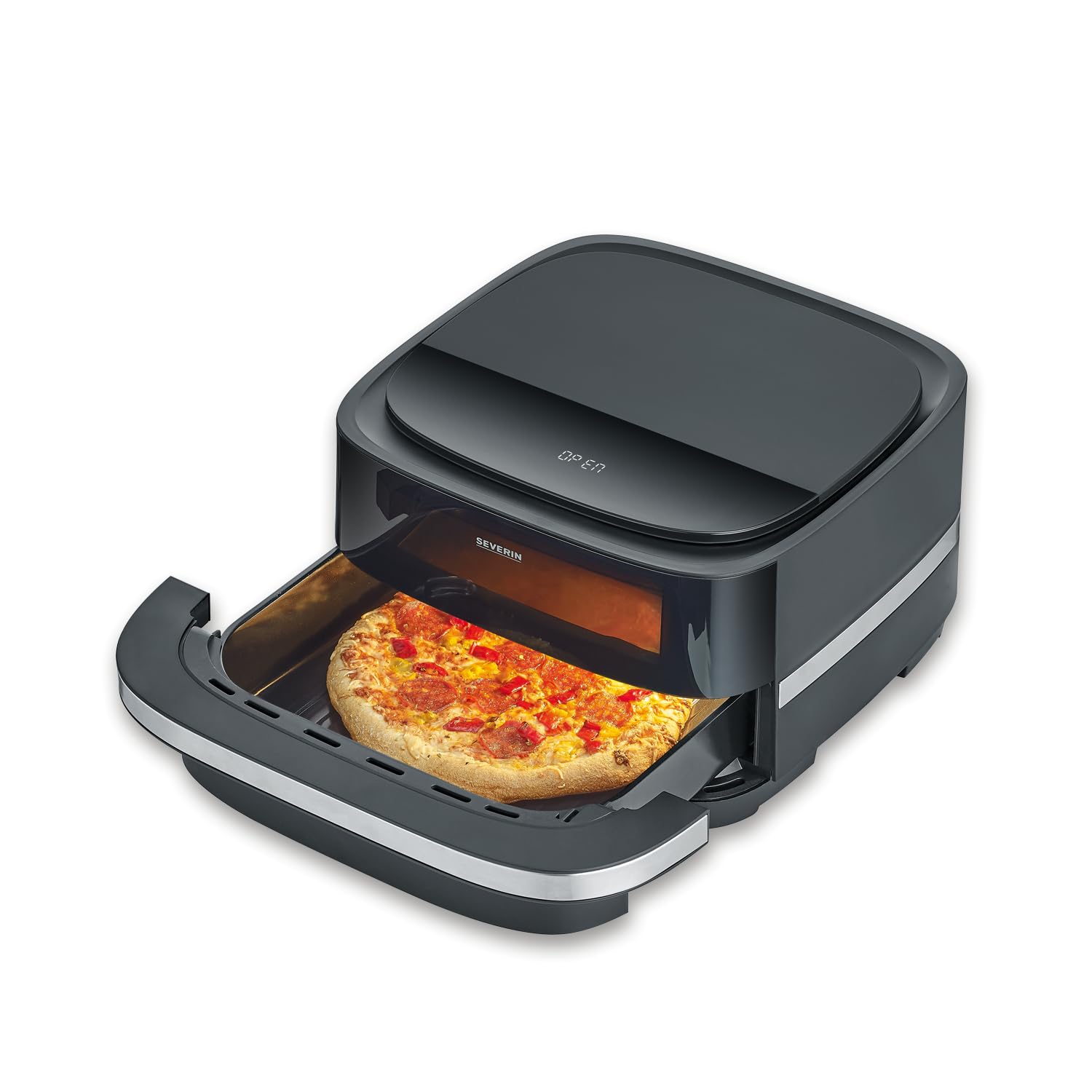 Severin Friggitrice ad aria calda Pizza & More, programmi per pizza, 10 programmi di cottura, distribuzione ottimale del calore, forma extra larga, con finestra di visualizzazione, 4 l, 2100 W, nero