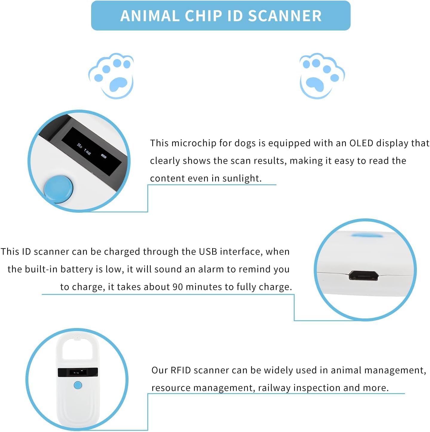 Pet Microchip Scanner, 134.2Khz/125Khz Pet Microchip Reader with OLED Display, Low Battery Alarm Animal Chip ID Scanner for FDX B(ISO11784/11785) and EMID microchips