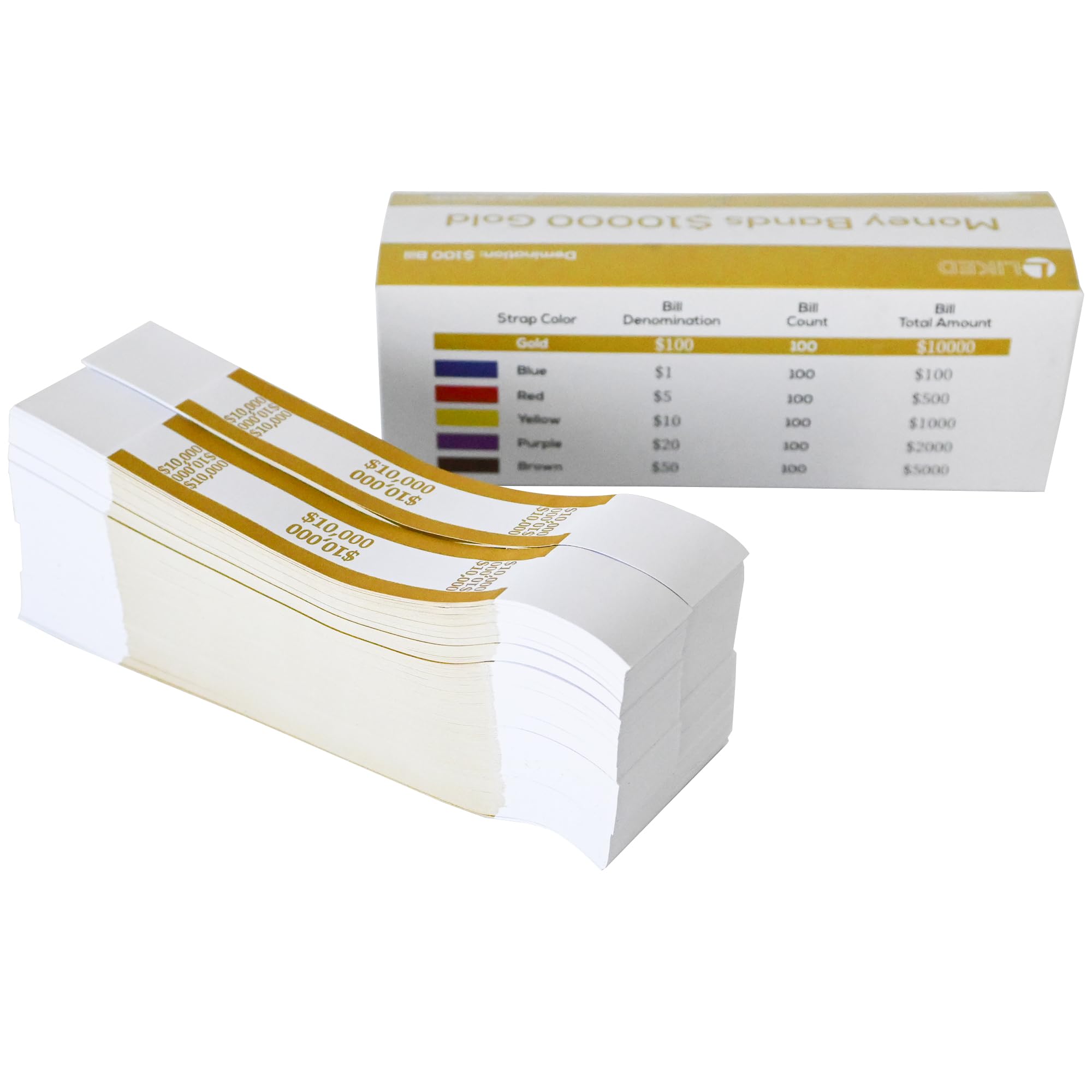 L LIKED Money Band Bundles Self Sealing Currency Straps for Bill Wrappers (Gold $10000-1000 PCS)