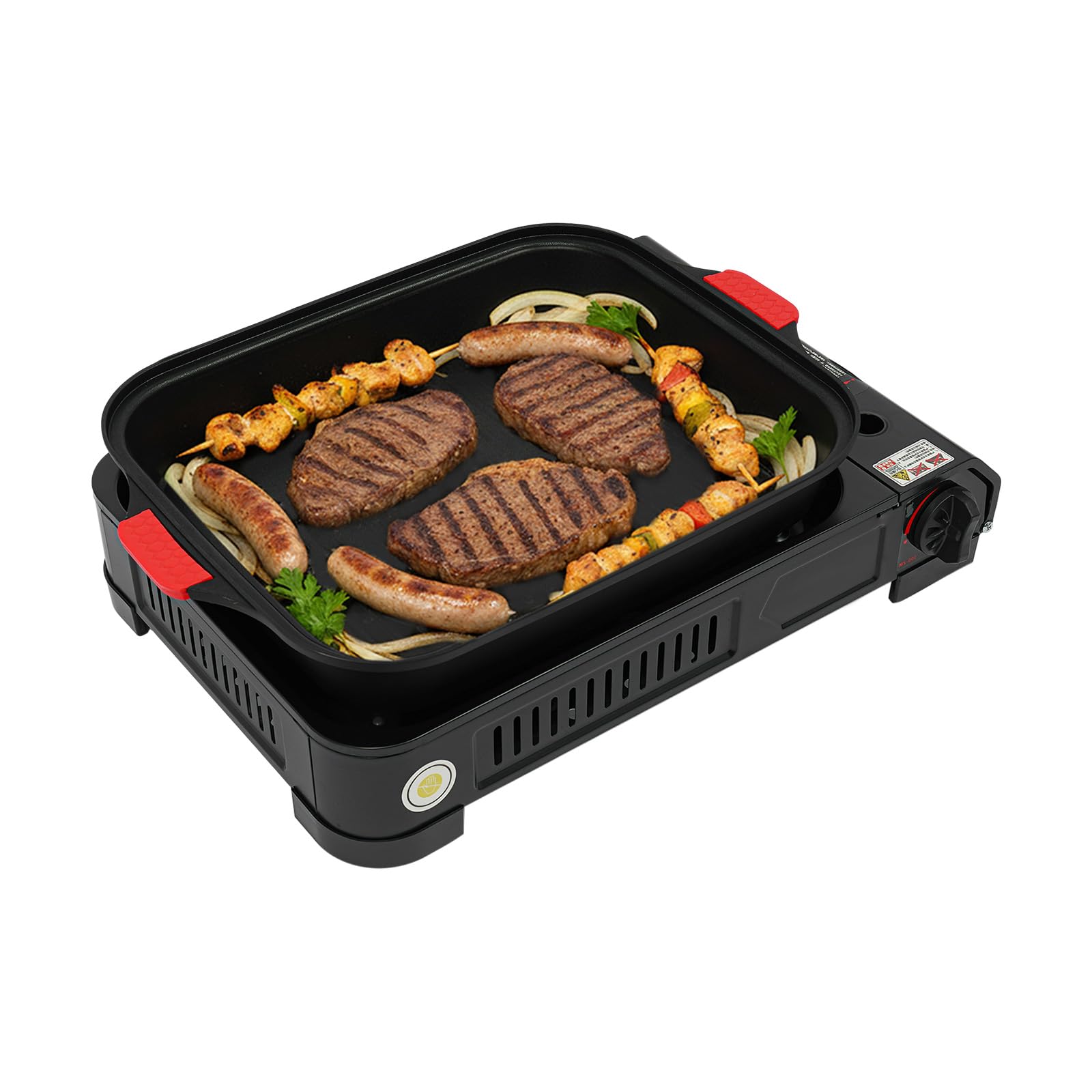 Barbacoa de gas para camping, pequeña 2,1 kW, hornillo de gas con placa de parrilla y tapa de cristal, para camping, bidón de butano, hornillo de camping para interiores, exterior (con asa)