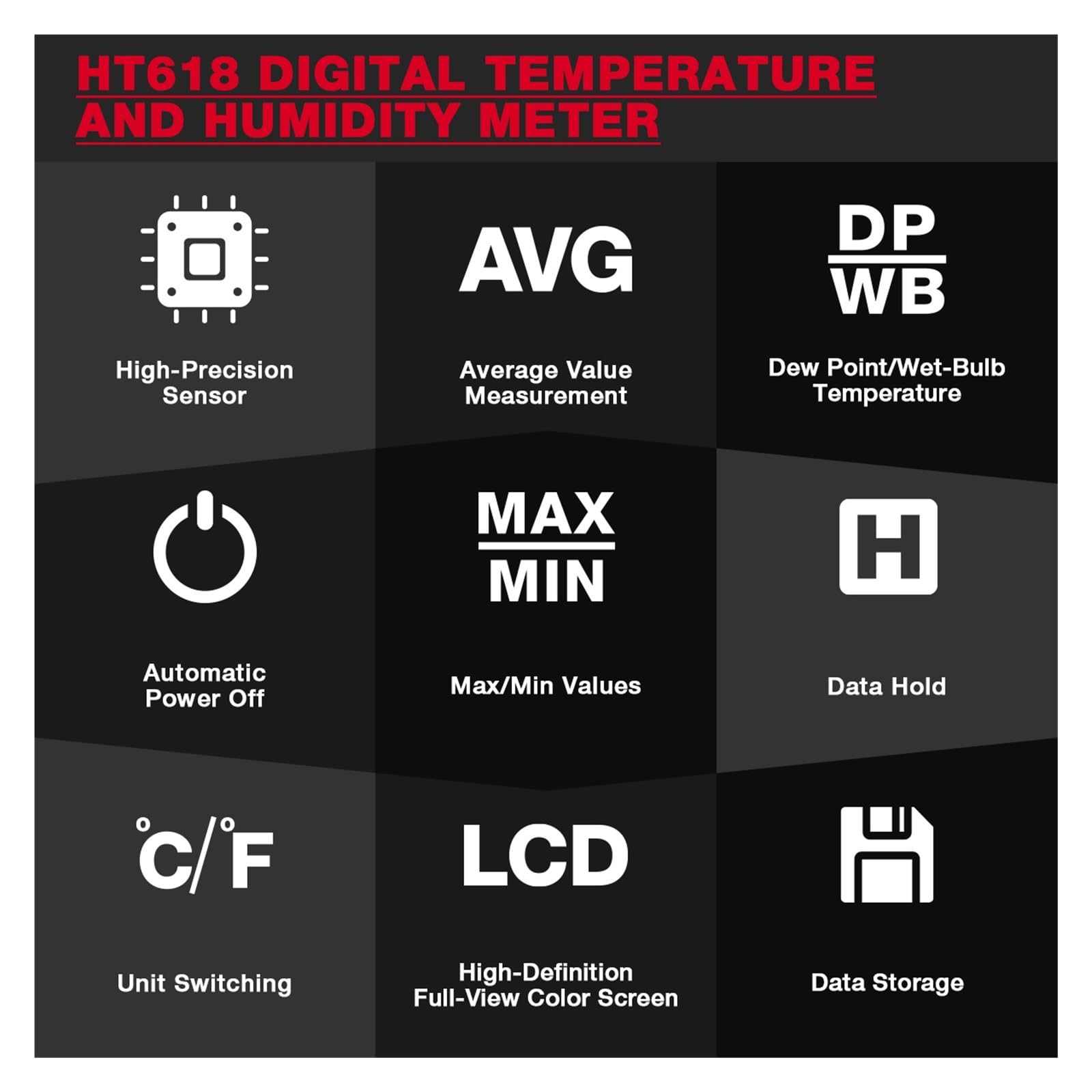 Termómetro psicrómetro digital HT618, higrómetro, medidor de temperatura y humedad retroiluminado for uso en interiores y exteriores