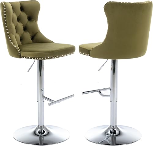Miniatura 86 de Aoowow Juego de 2 taburetes de bar giratorios ajustables con respaldo de terciopelo copetudo, sillas de bar modernas tapizadas con cabeza de clavo