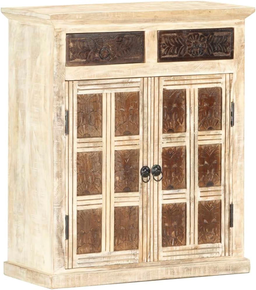 White Sideboard with Carved Brown Patterns Solid Mango Wood, 2 Drawers and 2 Doors Storage Cabinet for Dining Room Entryway, Durable Furniture Piece with Floral Design