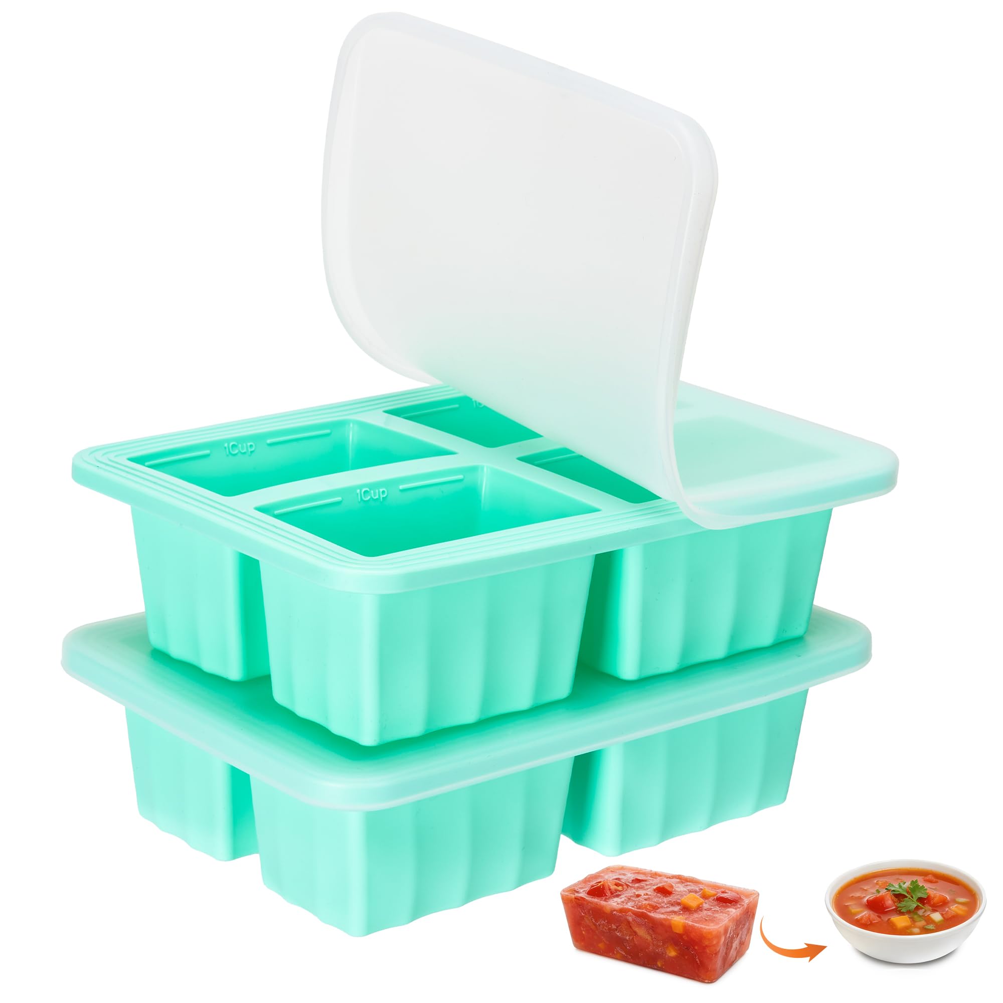 Defresit 2 Pack Extra Large Soup Containers for Freezing, Silicone Cube Soup Freezer Mould with Lid, Meal Prep Soup Storage Containers, Large Ice Cube Tray for Sauce, 4-Compartment Freezer Container โ image 1