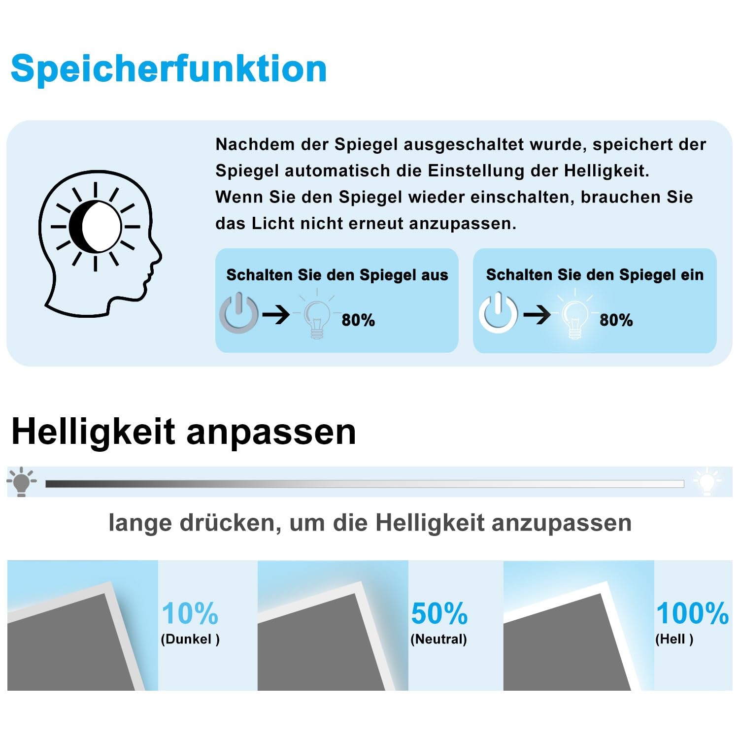 Badspiegel mit Beleuchtung 140x80cm Sensor-Schalter Beschlagfrei Kaltweiß dimmbar Memory-Funktion LED Wandspiegel IP44