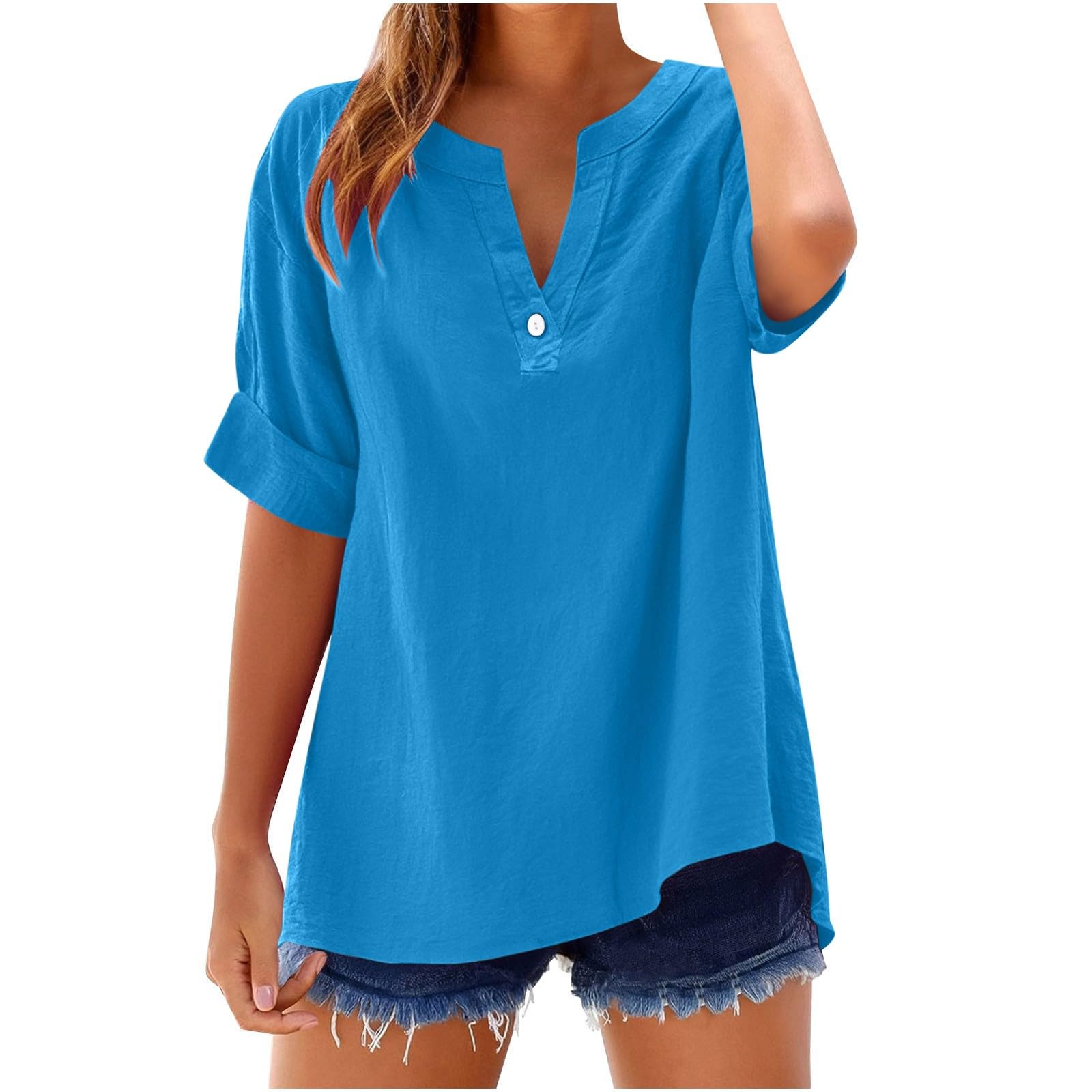 Linen Shirts for Women Solid V Neck Roll up Sleeve Tee Vacation Boho Summer Tops Vintage Beach Blouse Travel Clothes