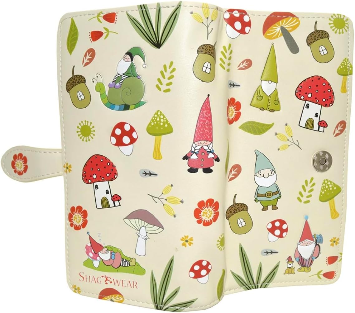 Shag Wear Gnome Forest Large Wallet for Women and Teen Girls Multiple Gnomes Mushrooms Plants Vegan Faux Leather Beige 7"