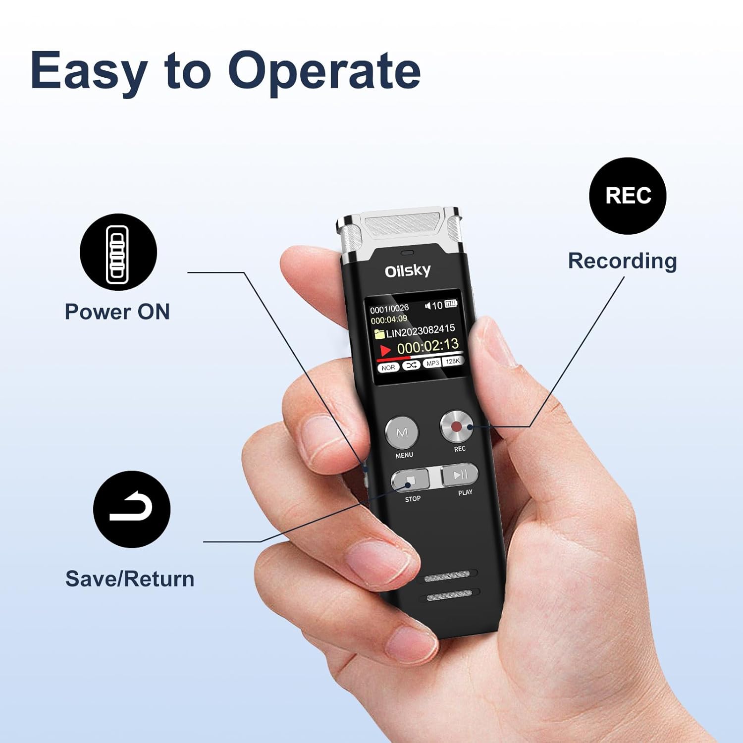 Oilsky V08 Digital Voice Recorder with buttons labeled for operation