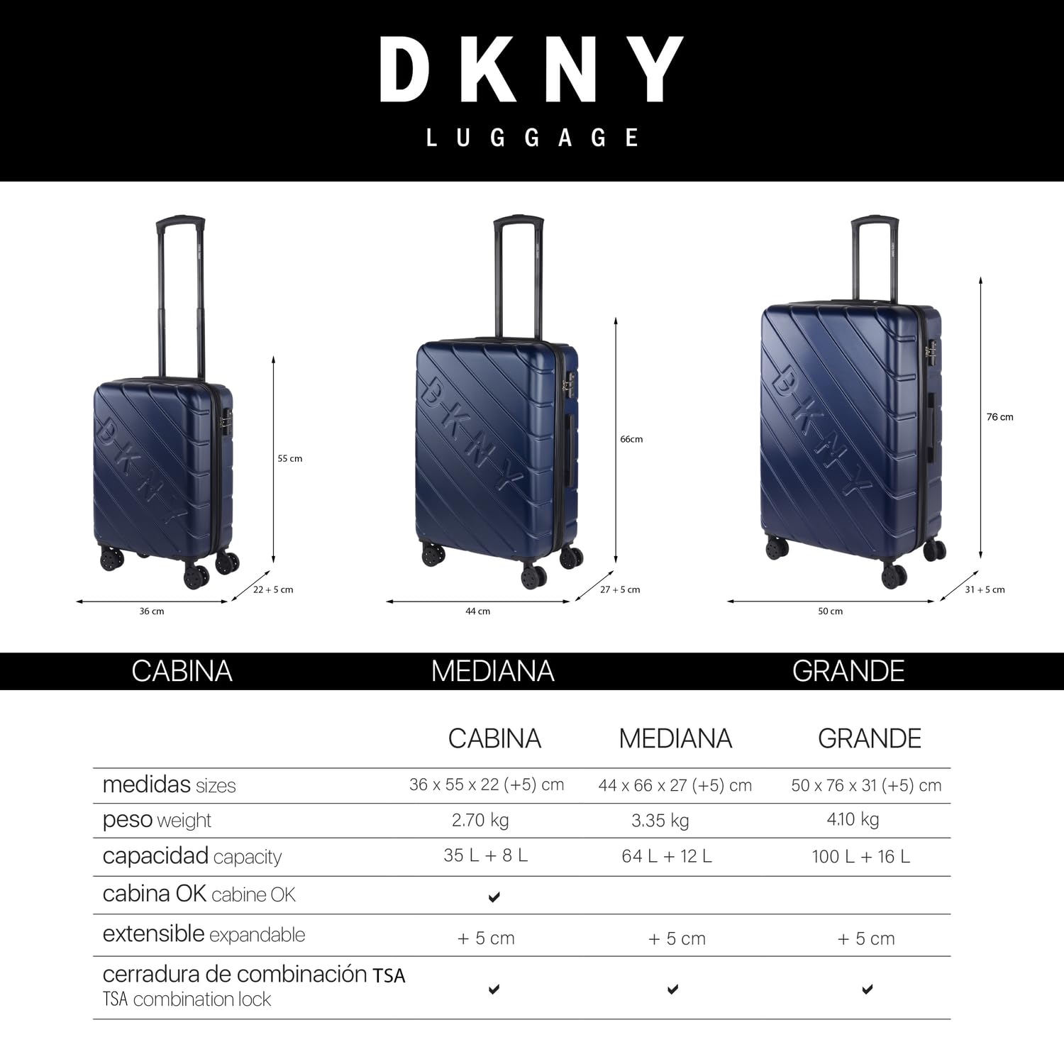 DKNY - Lekkie walizki duże - Duża walizka z twardej skorupy ABS 75 cm - Lekkie walizki duże z zamkiem szyfrowym - Sztywne, Navy