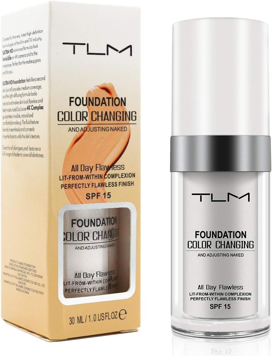TLM Colour Changing Foundation, Flawless Colour Changing Foundation Makeup Base Nude Face Moisturizing Liquid Cover Concealer for All Skin Types, SPF15, 1 Fl Oz