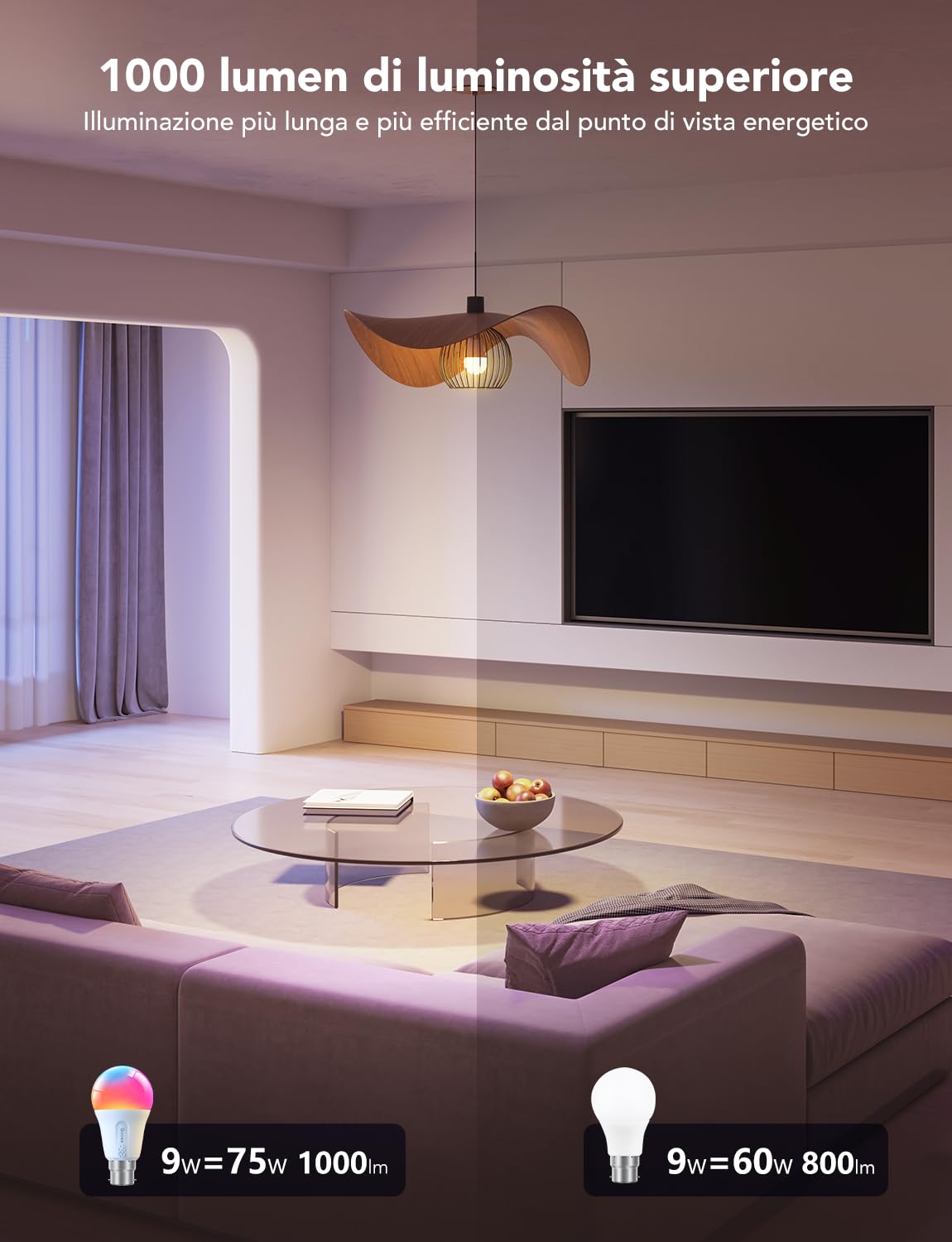 Govee Lampadina Smart E27, 1000 lm, Alexa, RGBWW, Dimmerabile, Wi-Fi e Bluetooth, Smart Bulb 75 W, 54 Scene, 16 Milioni di Colori Fai da te, 1 Pezzi