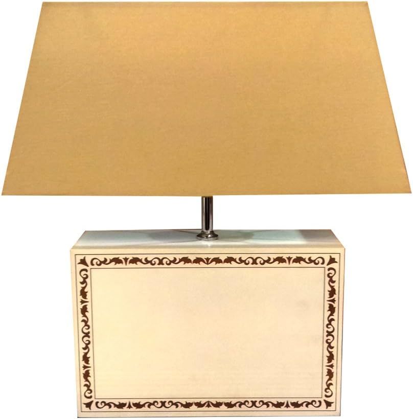 NextRico Home Decor 19” Wooden Bedside Table Desk Lamp – White Gloss and Golden Border Print Paired with Beige Colored Shade