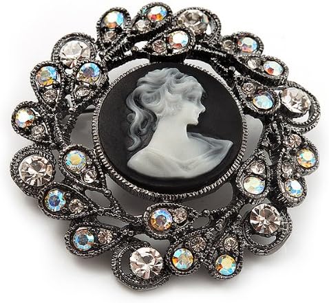 Black Round Crystal Cameo Brooch (Gun Metal Finish), black, dark grey, iridescent - Image 3