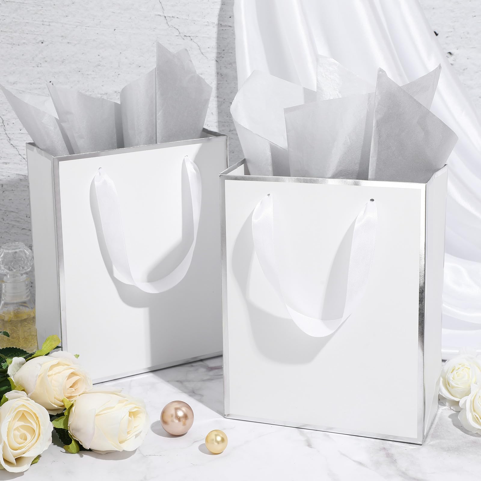 Yeaqee 50 Pack Metallic Gift Bags with Handle and Tissue Paper Gold Foil Thank You Bag for Graduation Wedding Groomsmen Bridal Baby Shower Gifts Holiday Party Favors 9x7x3.15'' (White Silver)