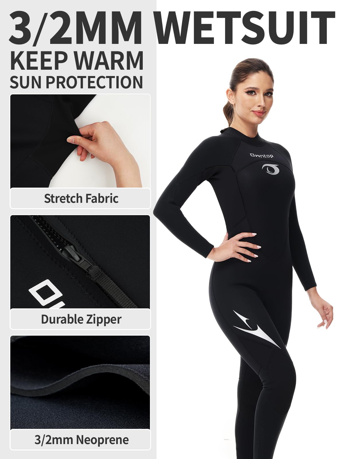 Owntop Damski Pełna Długość Piankowego Kombinezonu 3/2mm, Ultra Elastyczny Zimowy Kombinezon Z Długim Rękawem, Kombinezon do Surfingu i Nurkowania z Neoprenu dla Dorosłych, Kobiety Czarny M