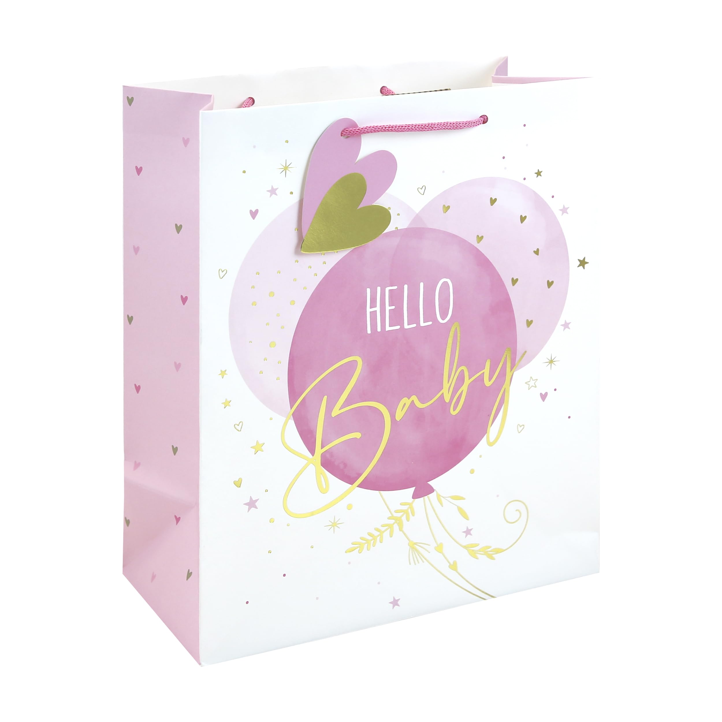 Eurowrap Hello Baby Large Gift Bags Pack of 6 – Pink Balloon Baby-Shower Gift Bags with Foil Finish, White Kraft Paper, Paper Woven Handles & Tags – New Baby Girl Gift Packaging