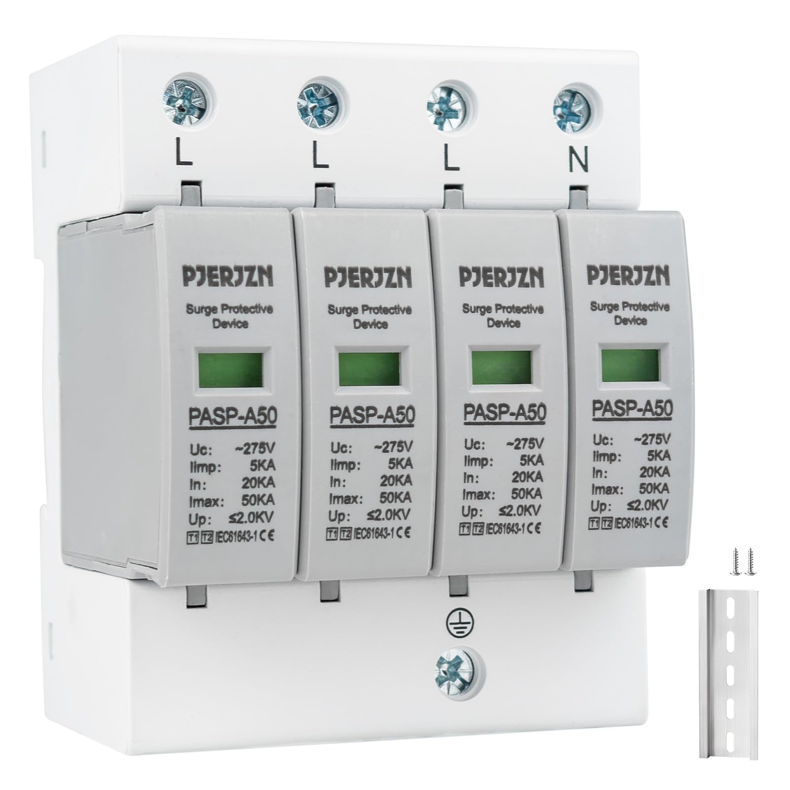 Pjerjzn Surge protective device 4P 230V AC spd surge protector T1+T2 Type voltage protector ac house surge protection 35mm DIN Rail Mounting (4P T1+T2 275V)