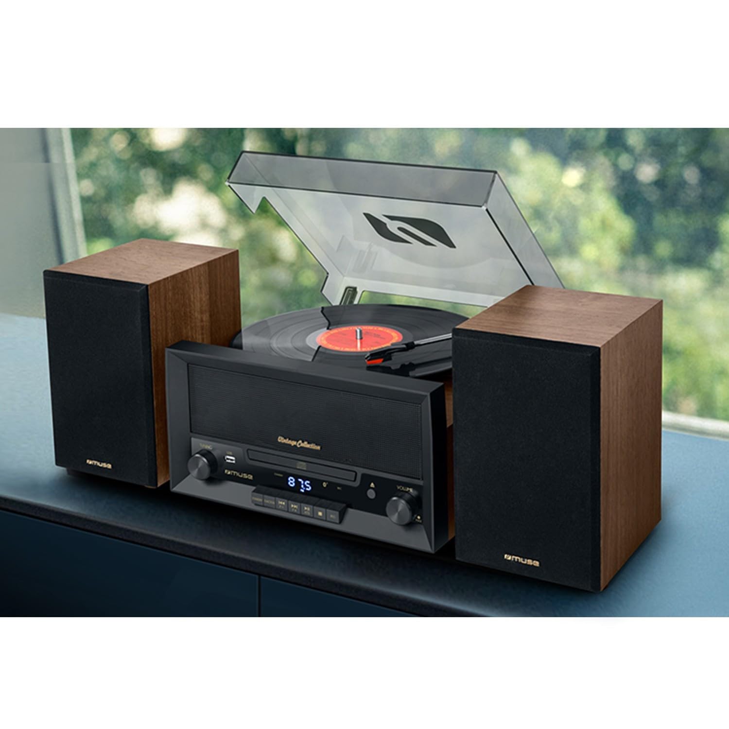 BMI Platine Vinyle Muse MT-120 MB avec système CD, Bluetooth, USB, stéréo 3 Vitesses 33/45/78 Tours+clé USB 32Go